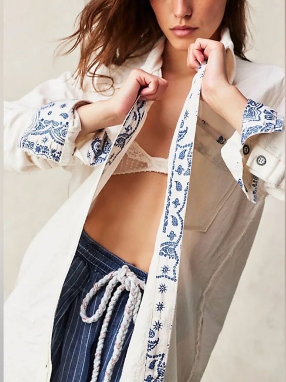 NWOT Free People We The Free Two To One Shirt Ivory Combo Size Large - Picture 1 of 12